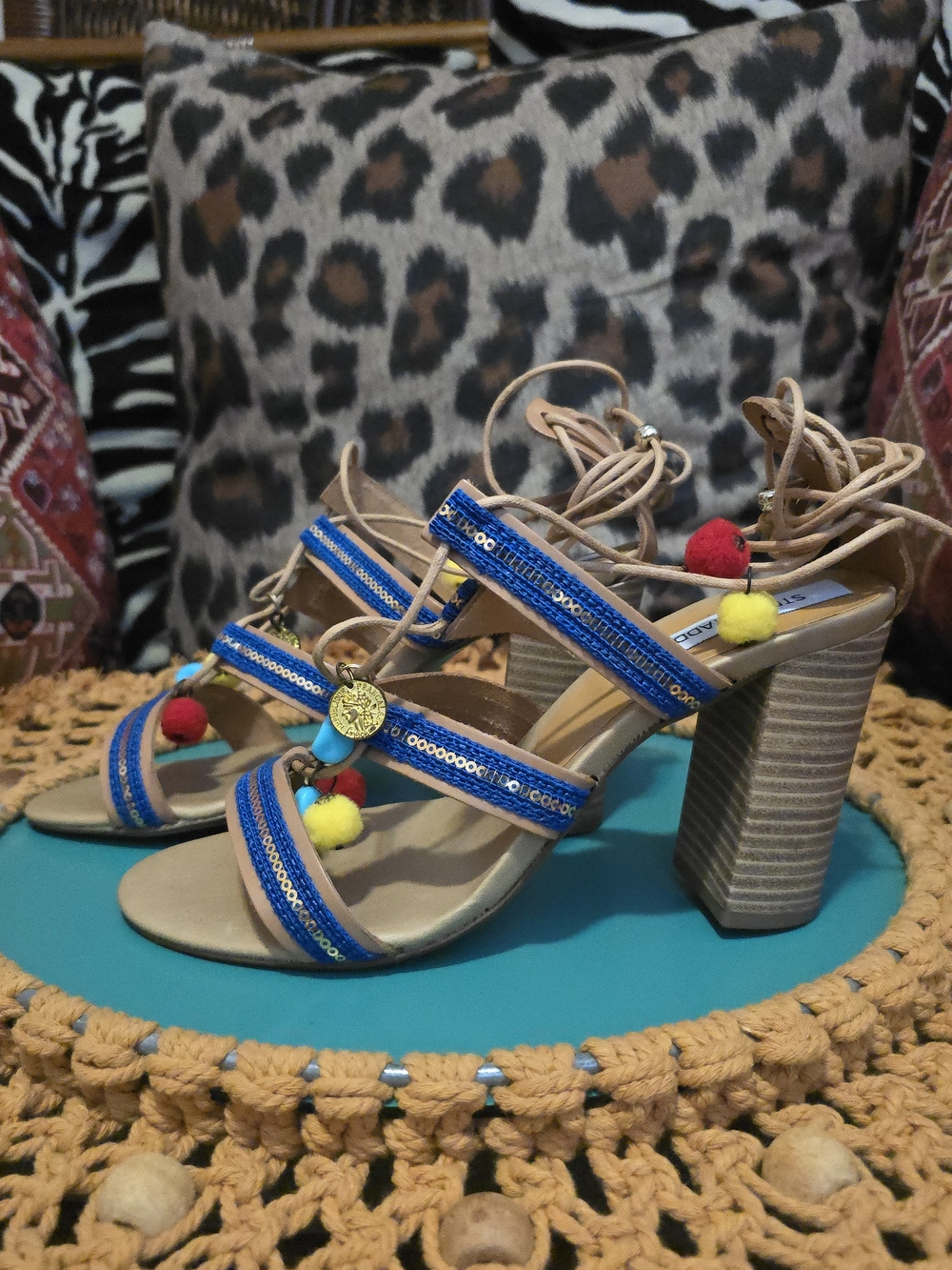 Steve Madden Blue Tan Strappy Embellished Block Heel Sandals 8